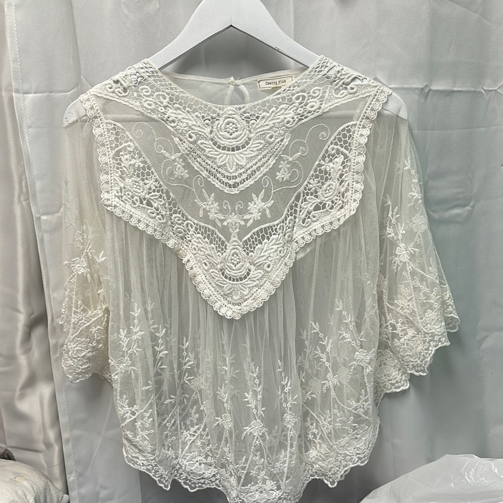 Cherry Pink Cream Lace Embroidered Pancho Style Sheer Blouse